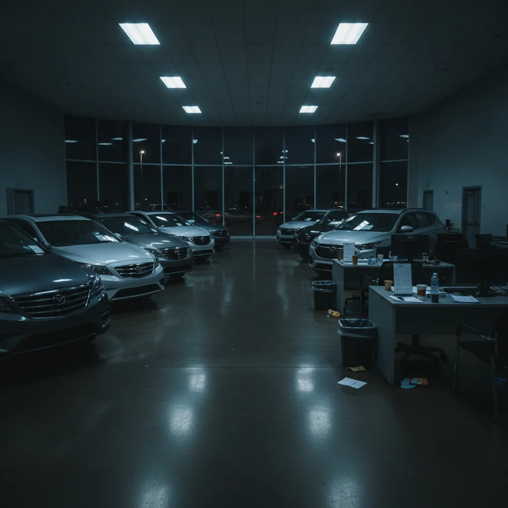 Empty car dealership showroom at night with bright lighting and rows of new vehicles on display