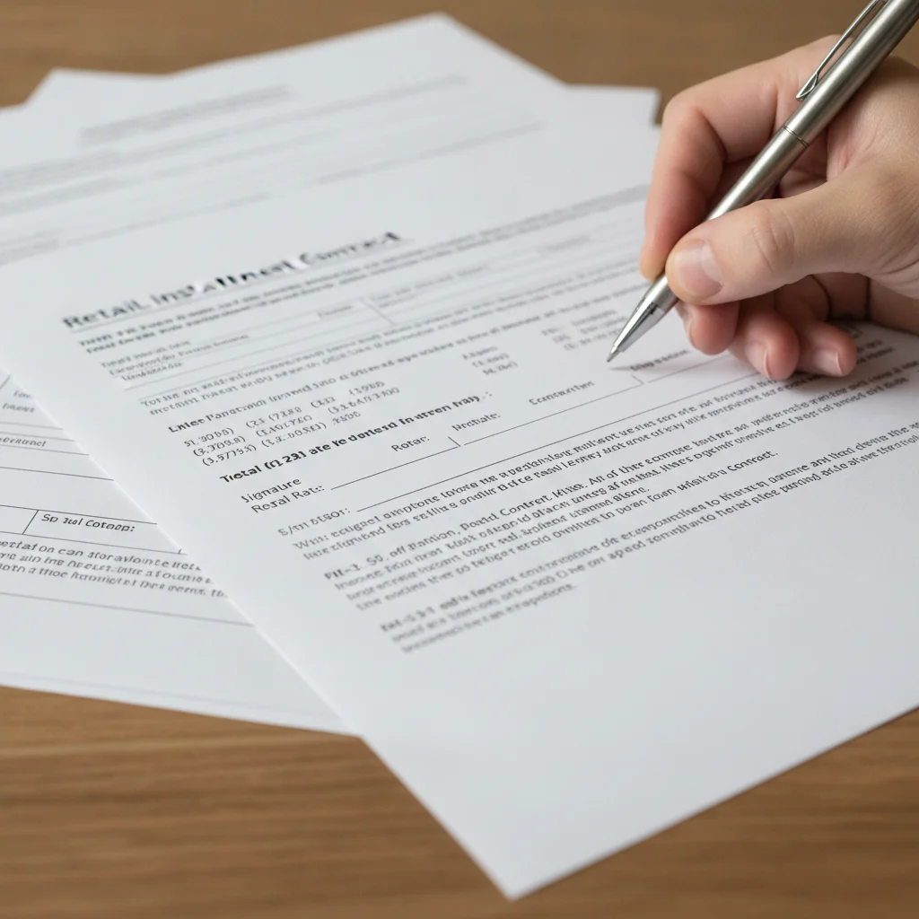 Close-up of car loan contract documents with fine print and a hand holding a pen above the signature line