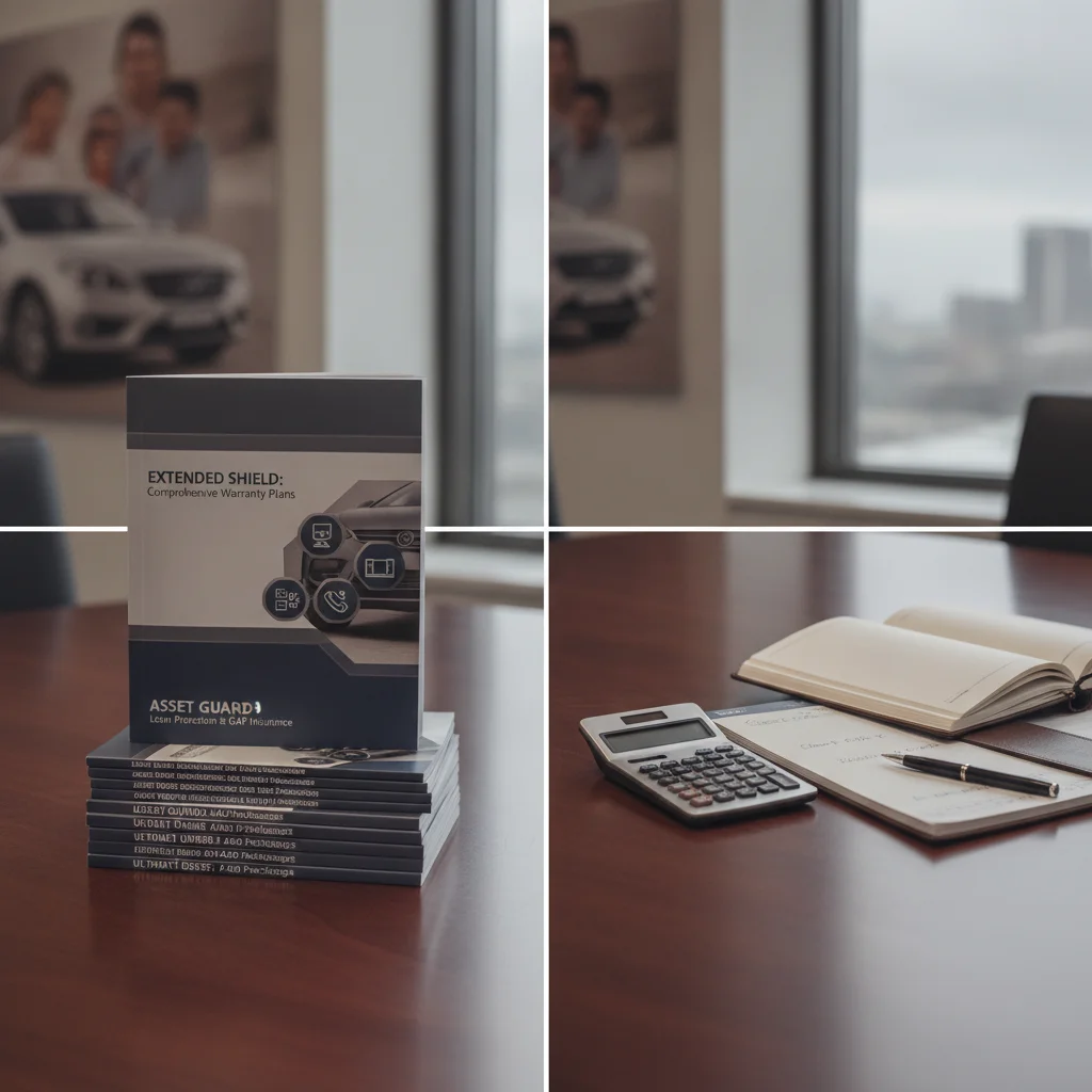 Finance office table with extended warranty brochures on one side and a calculator and notepad on the other