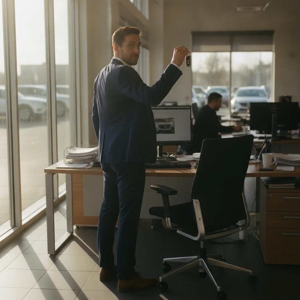 Person standing and turning to leave a car dealership finance office, holding documents and ready to walk away