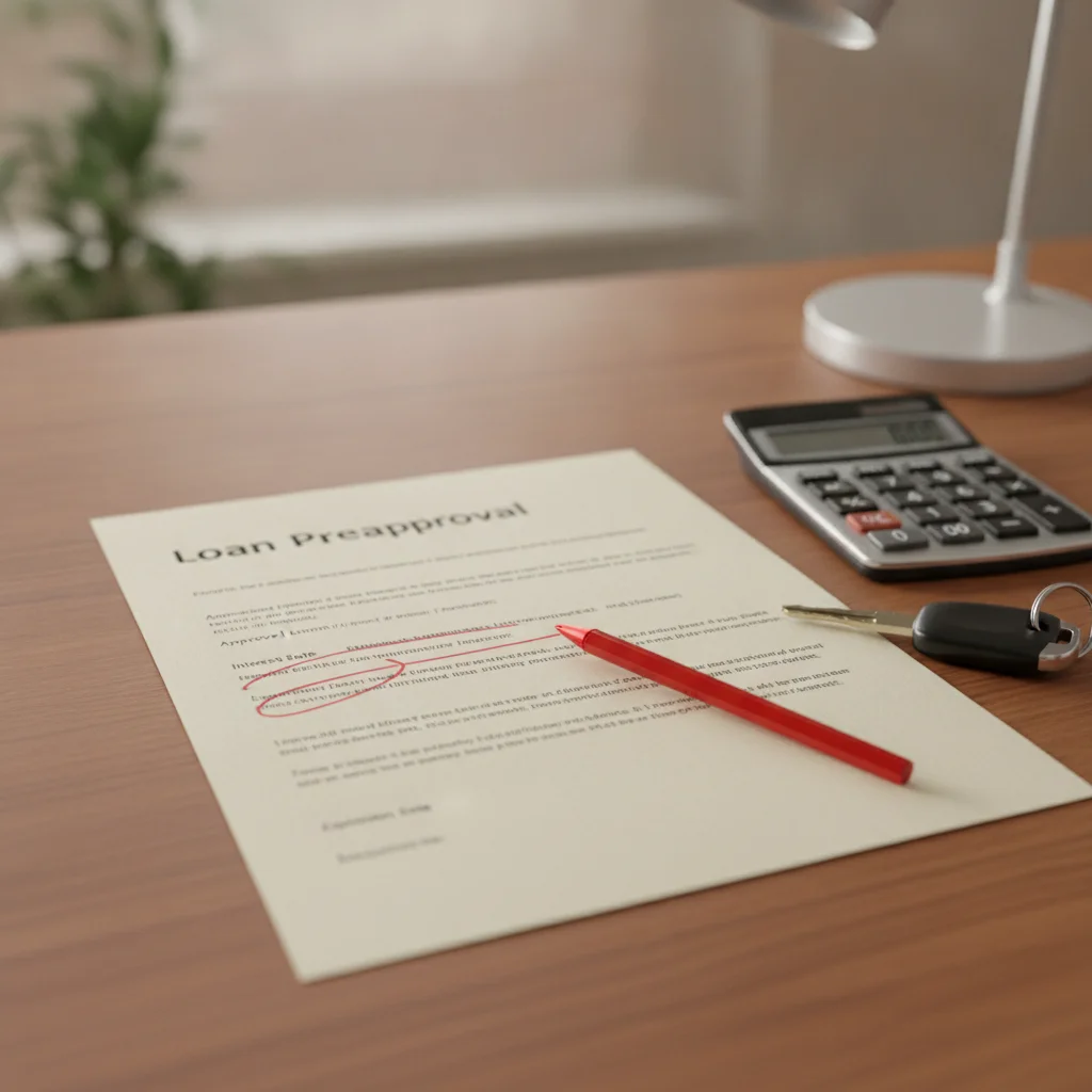 A loan preapproval letter being reviewed with a red pen marking problematic clauses