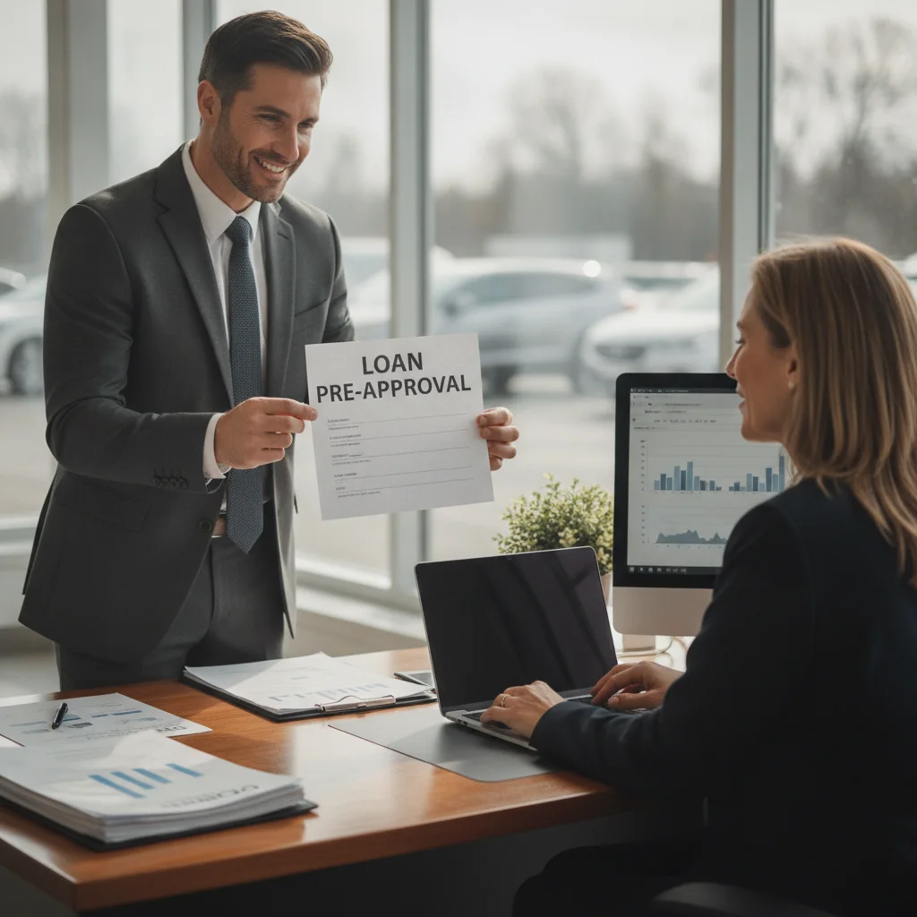 Car buyer presenting a preapproval letter to a dealership finance manager during negotiation