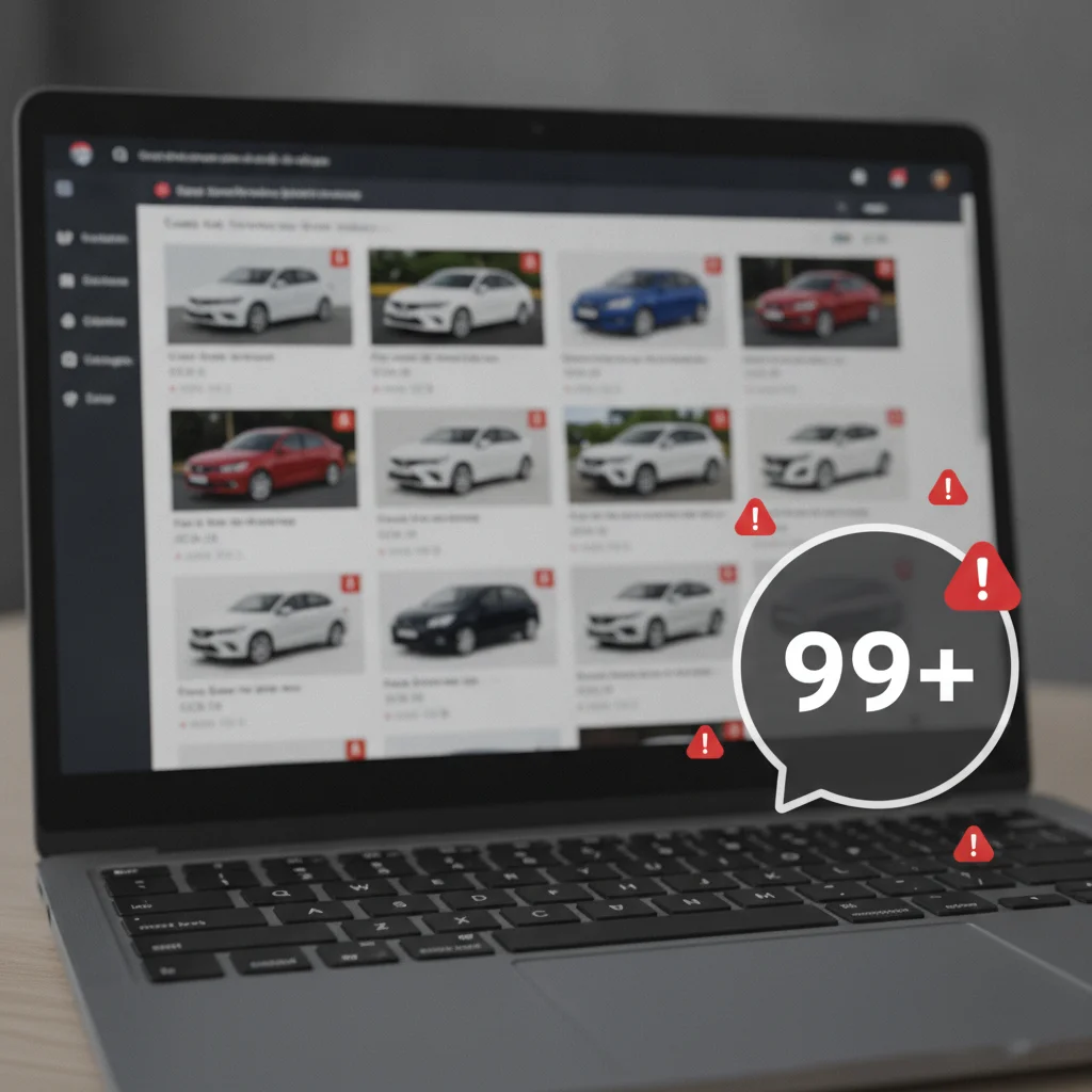 Laptop screen displaying a private car listing with multiple incoming buyer inquiry notifications and warning flags