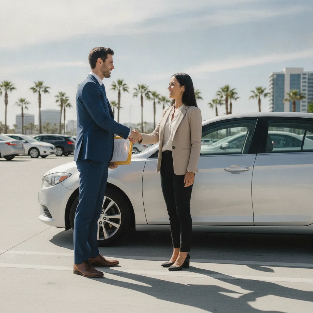 Buyer and seller completing a legitimate private car sale transaction with paperwork in a public parking lot