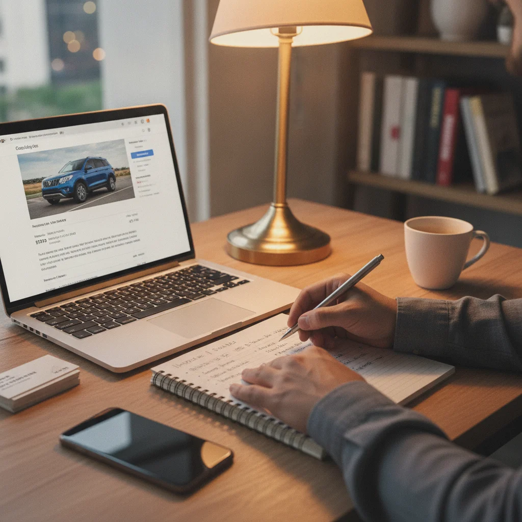 Organized car seller taking notes while reviewing a private car listing and buyer communications on a laptop