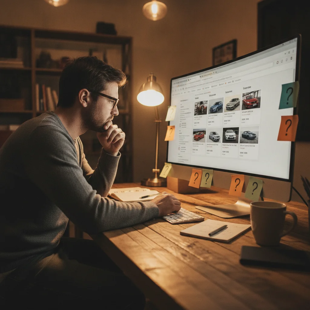 Person at a desk carefully comparing multiple used car listings on a computer monitor with sticky notes