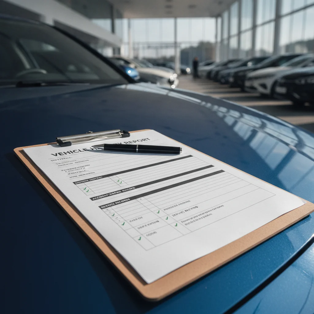 A vehicle history report printout on a clipboard resting beside a car at a dealership.