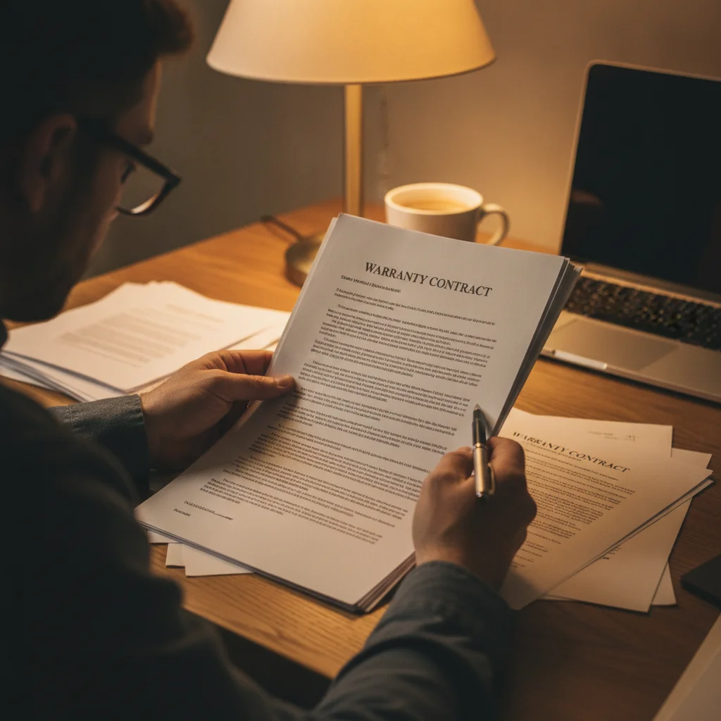 A person carefully reading a multi-page CPO warranty contract at a desk with papers spread out.