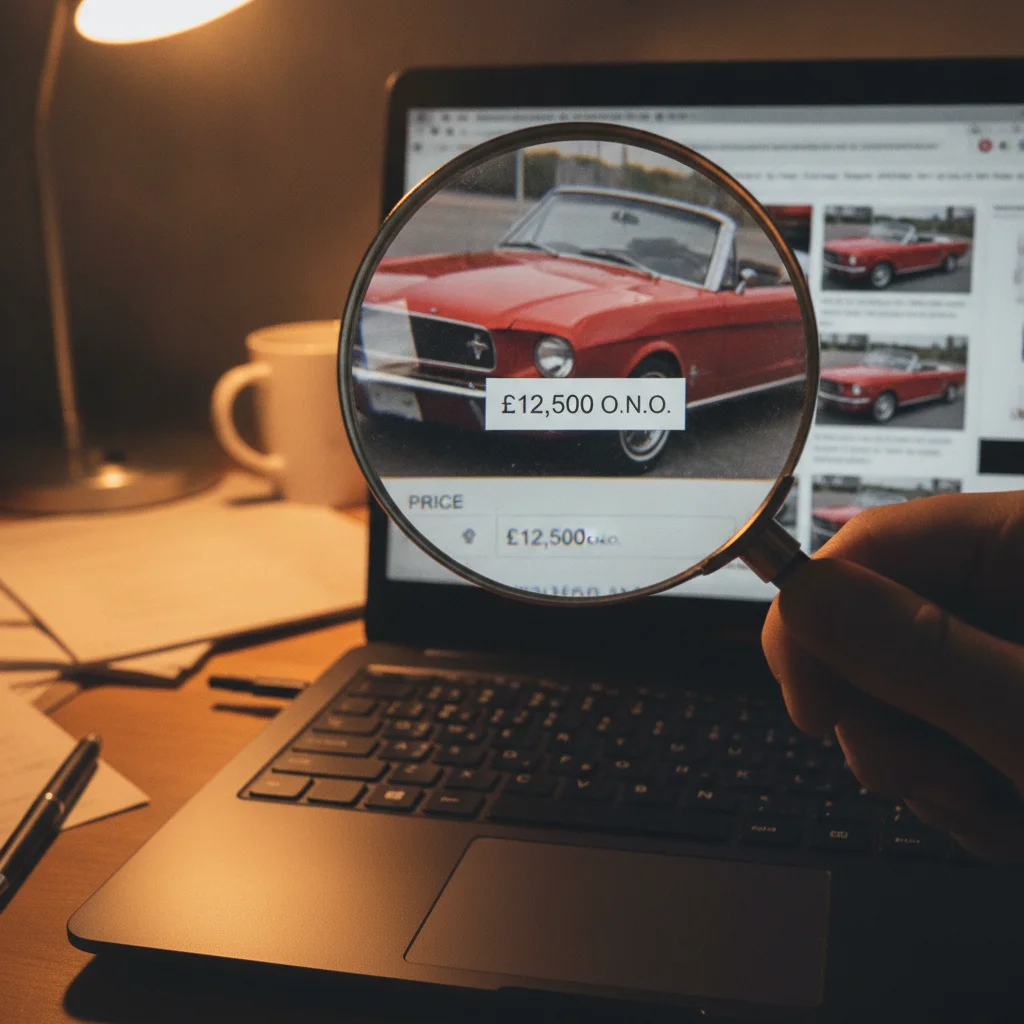 Close-up of laptop screen displaying a used car listing with price highlighted under magnifying glass