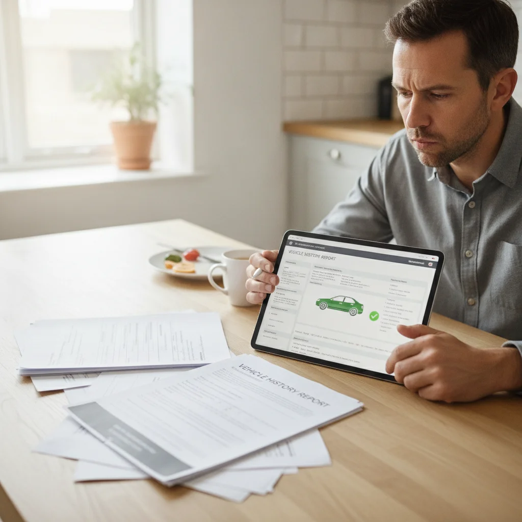 Person reviewing vehicle history report documents and tablet at a kitchen table in natural light