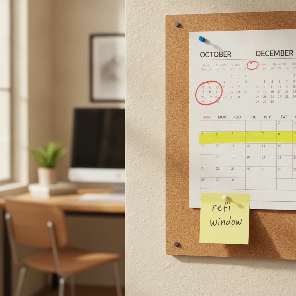Wall calendar with highlighted months and a sticky note labeled 'refi window' indicating loan refinancing timing