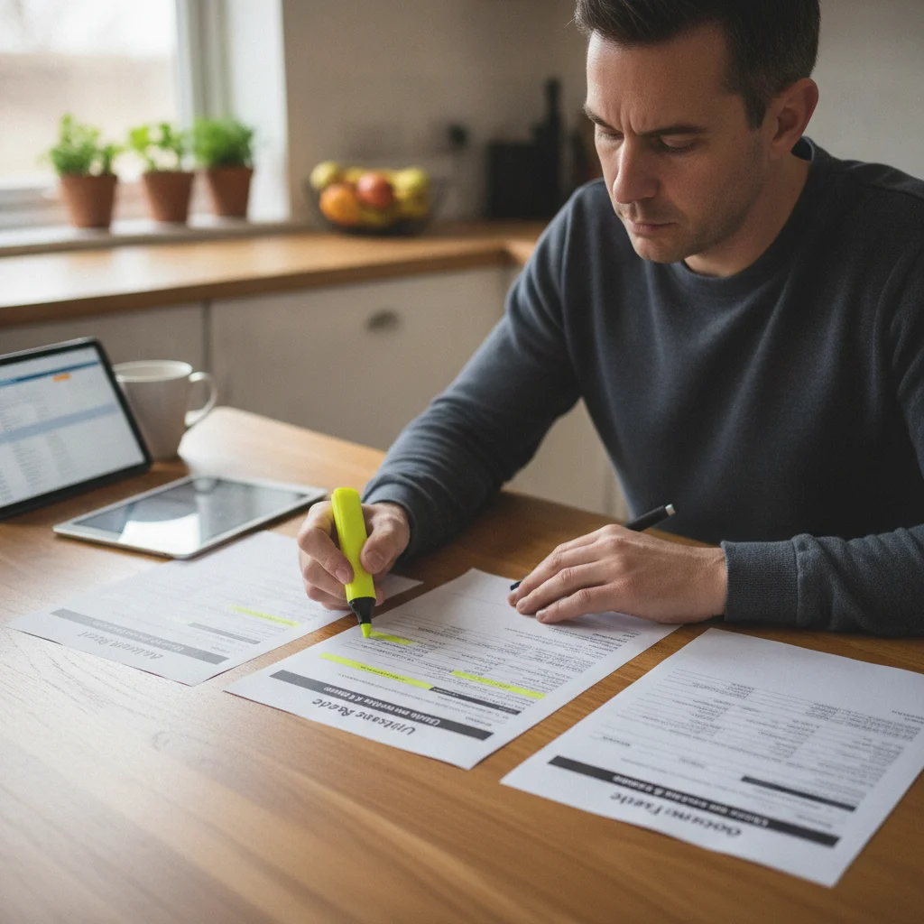Person comparing three printed loan refinancing offers at a kitchen table using a yellow highlighter