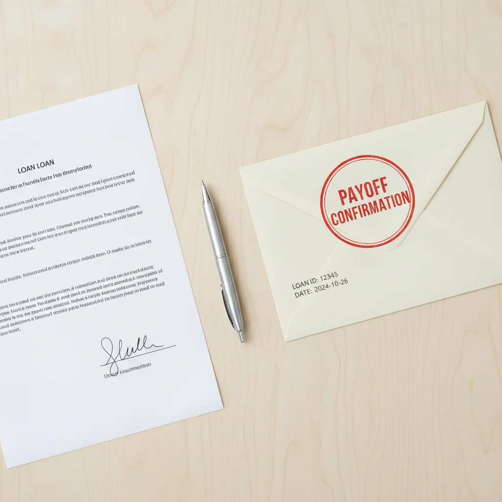 Signed loan document next to a pen and stamped payoff confirmation envelope on a wood desk