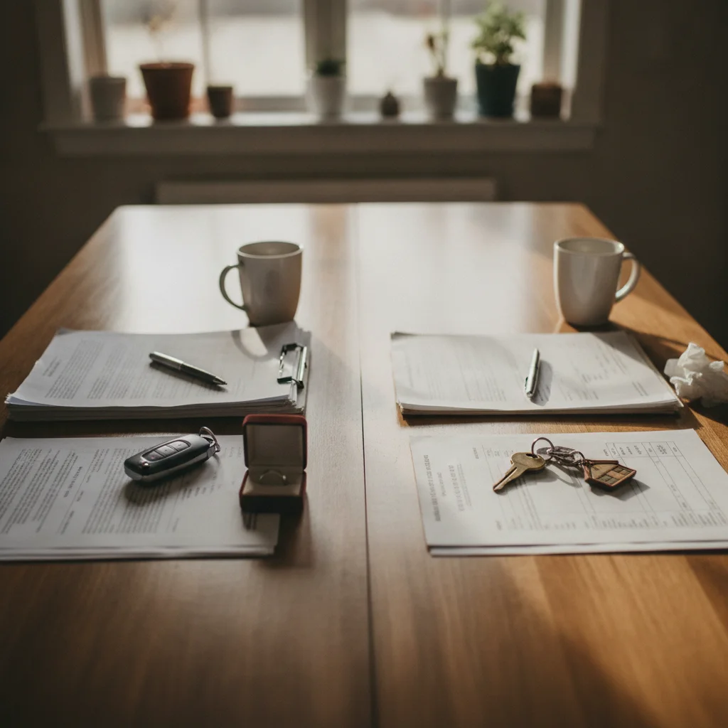 Car keys and financial documents on a table representing asset division during divorce proceedings