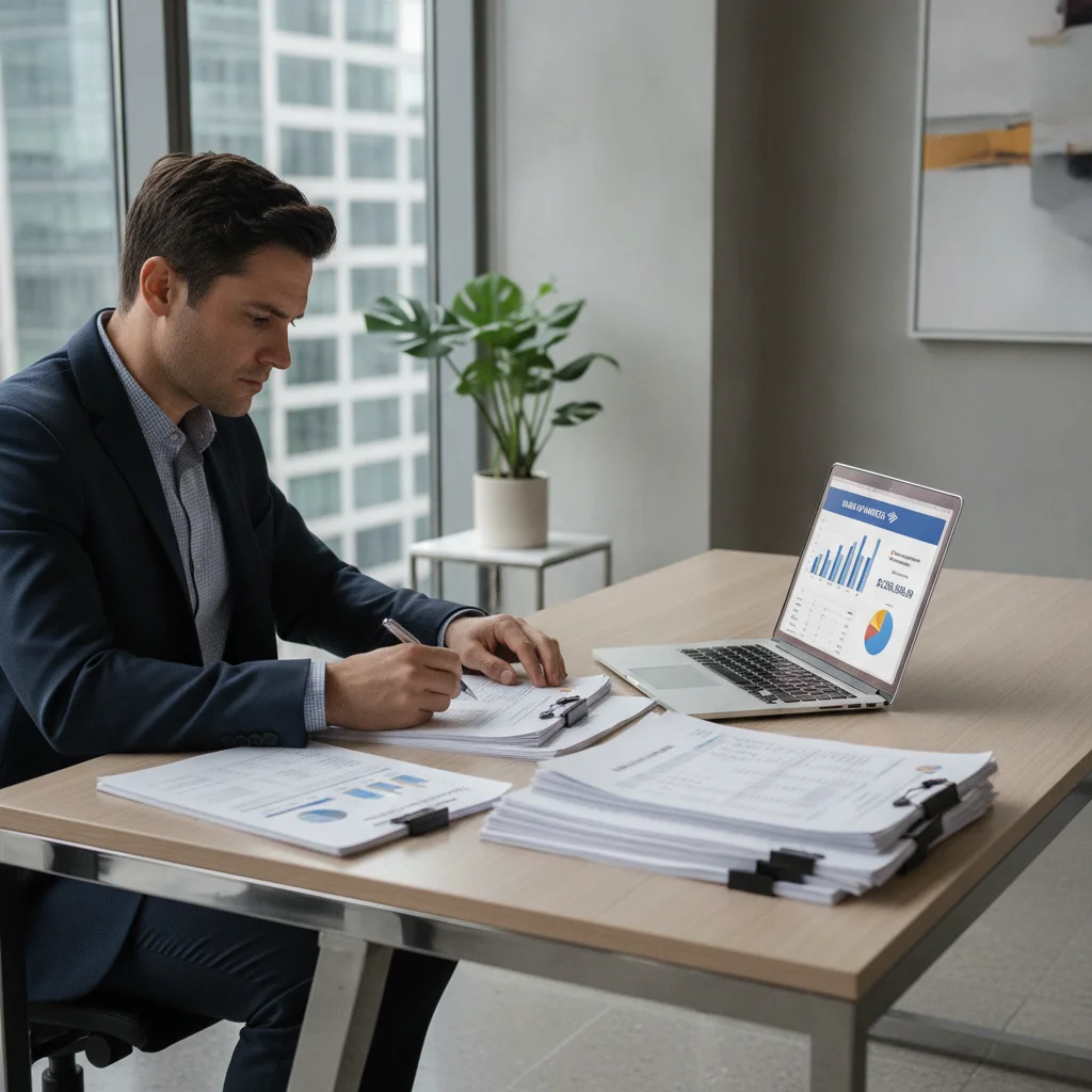 Person reviewing income documentation and bank statements to prepare for an auto loan refinance application