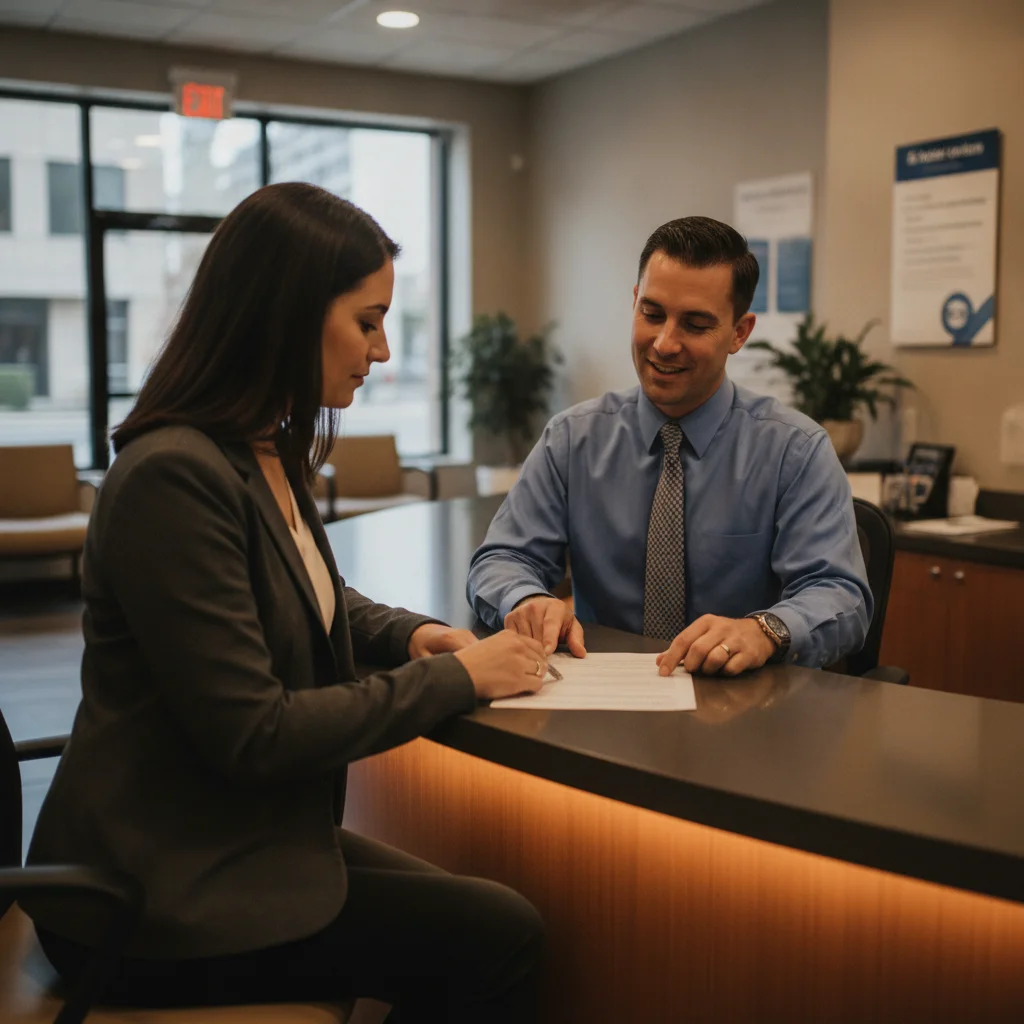 Borrower discussing auto loan refinance terms with a credit union loan officer at a service counter
