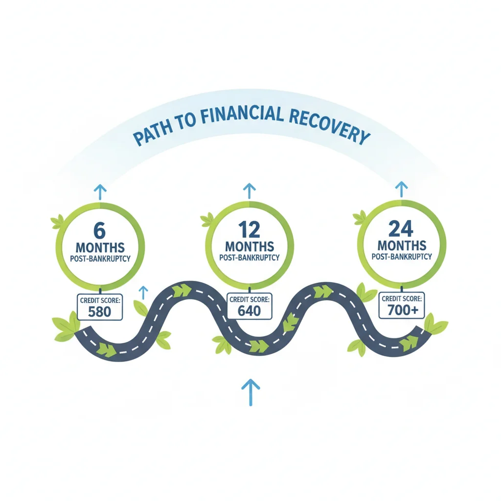 A timeline road showing credit score milestones at 6, 12, and 24 months after bankruptcy discharge
