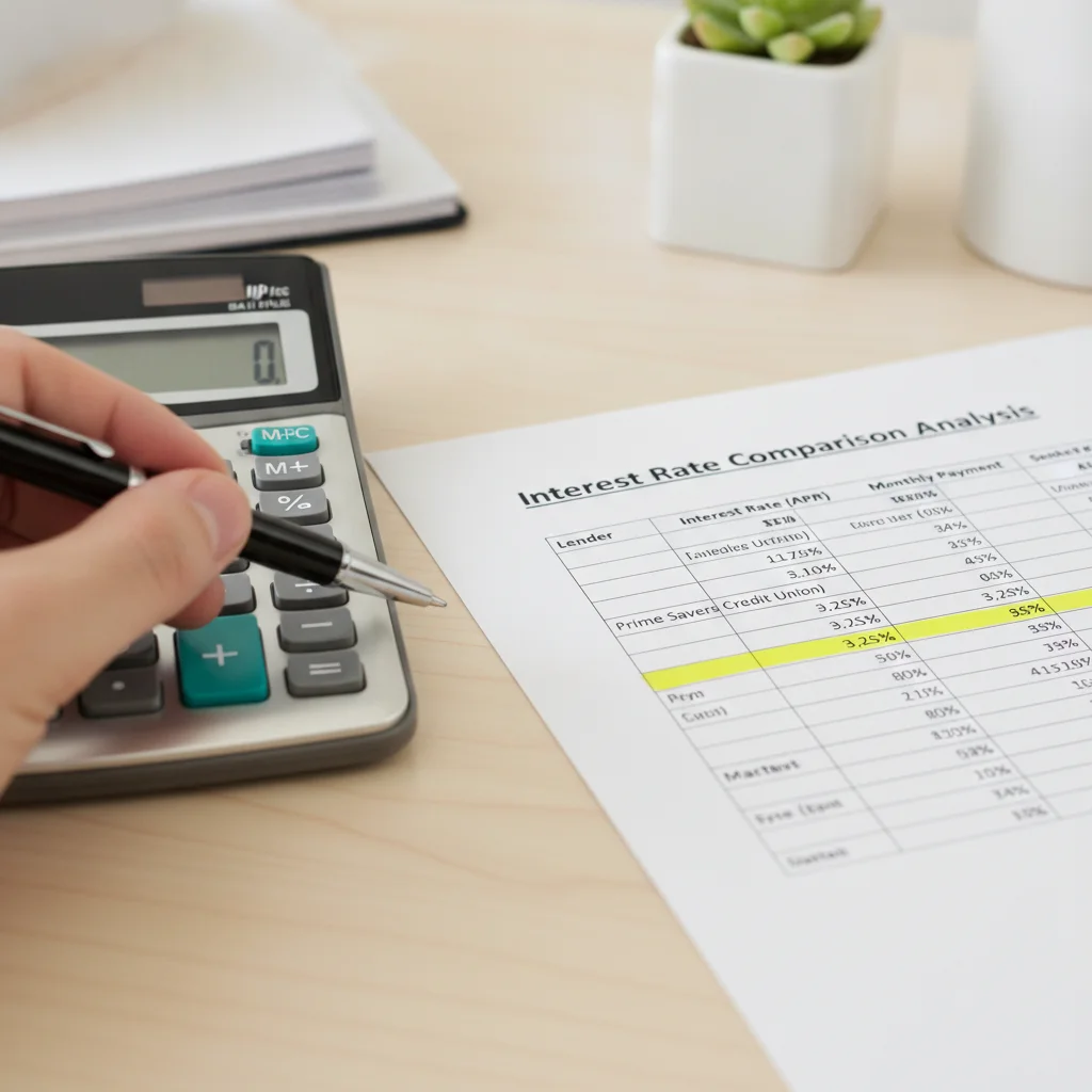 Financial calculator and interest rate comparison document showing lower highlighted refinance rate