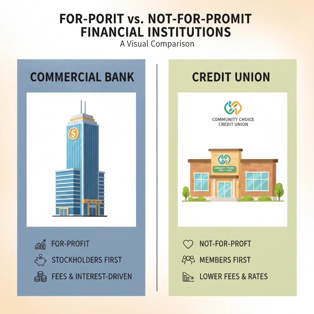Side-by-side illustration comparing a commercial bank and a credit union building exterior