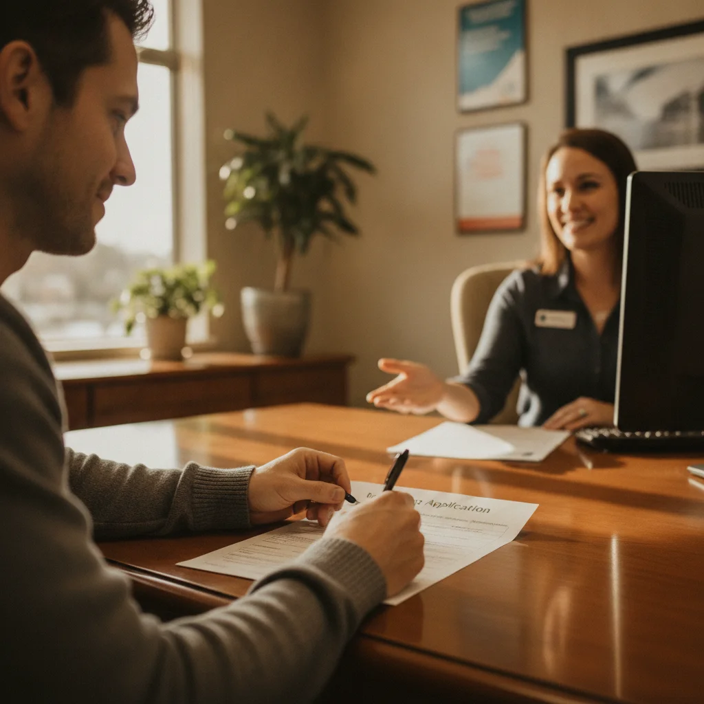 Person completing a credit union membership application at a branch desk with a loan officer nearby