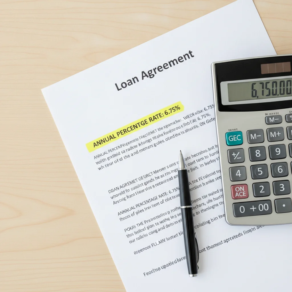 Loan document with interest rate highlighted alongside a calculator and pen on a clean desk surface