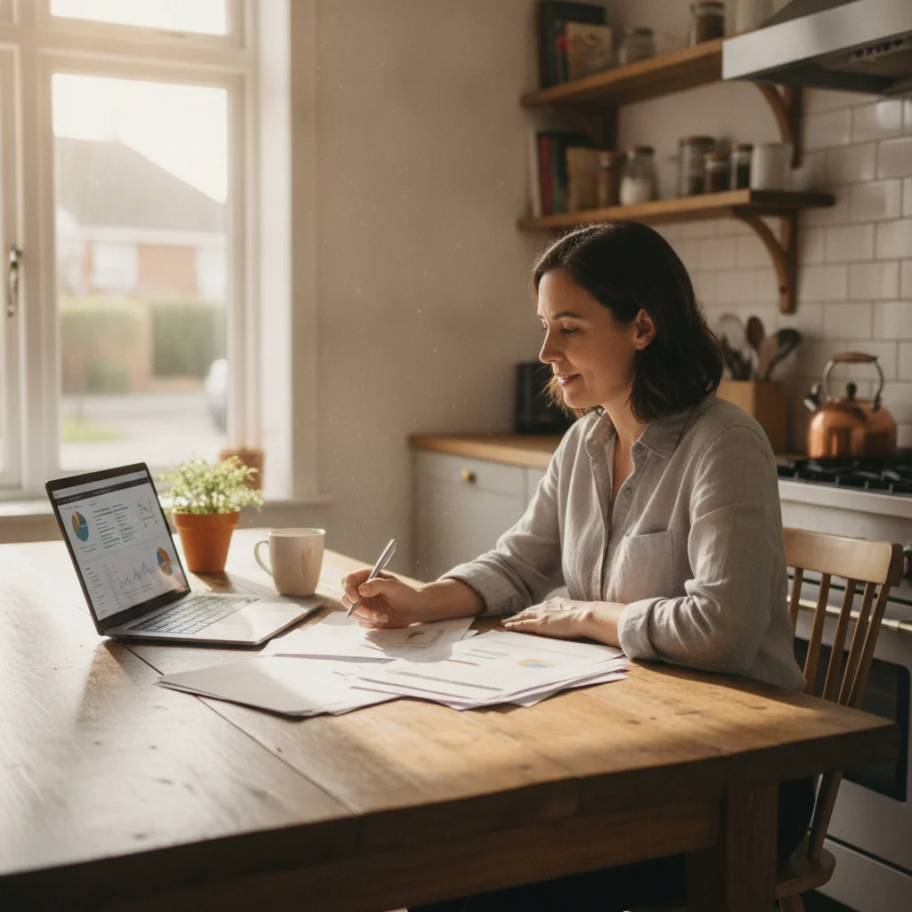 Person reviewing auto loan refinancing documents at home with a laptop, natural light, focused expression