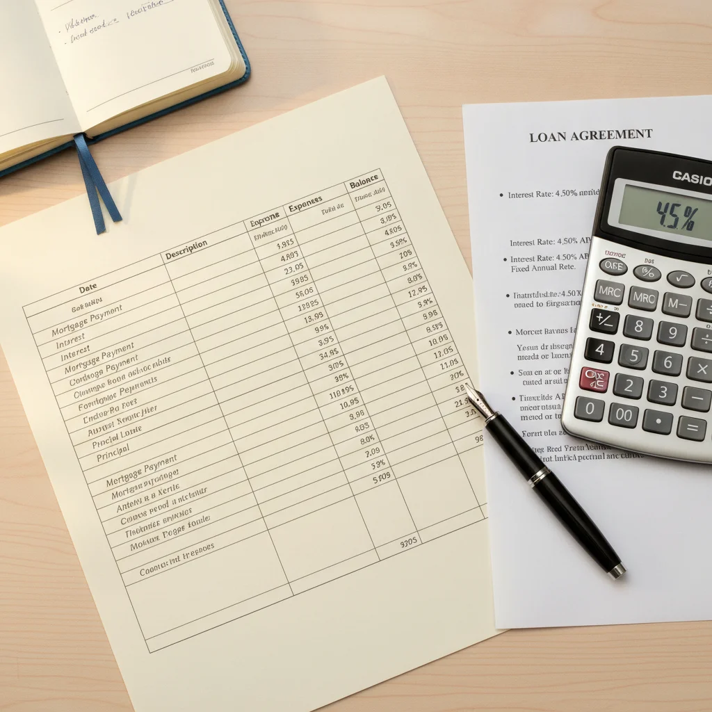 Loan documents and calculator on a desk showing interest rate comparison figures for auto refinancing