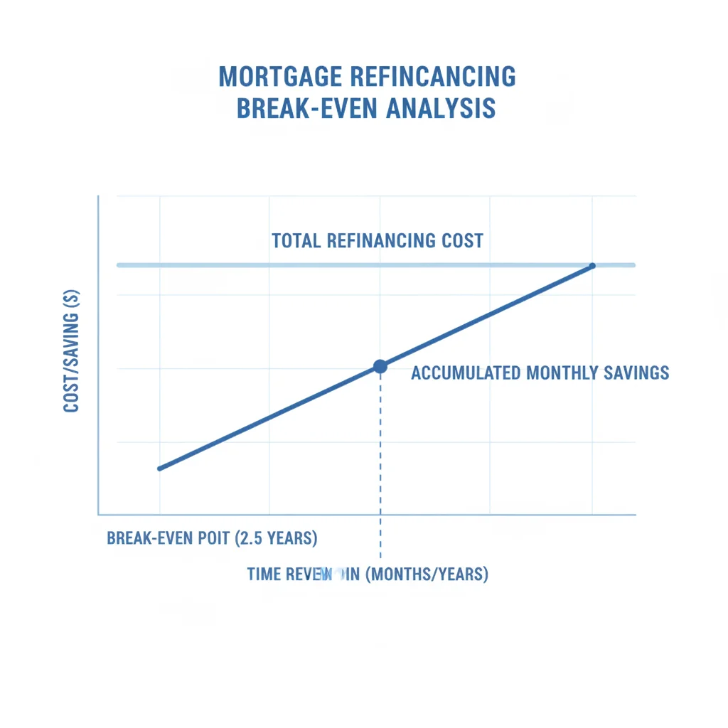 Break-even chart showing monthly savings from refinancing crossing over the upfront refinancing cost over time