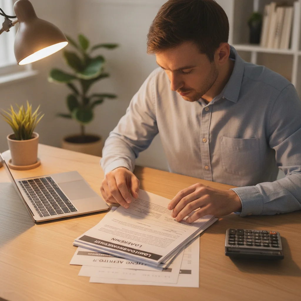 Person organizing loan documents, a calculator, and a laptop on a clean desk before applying to refinance