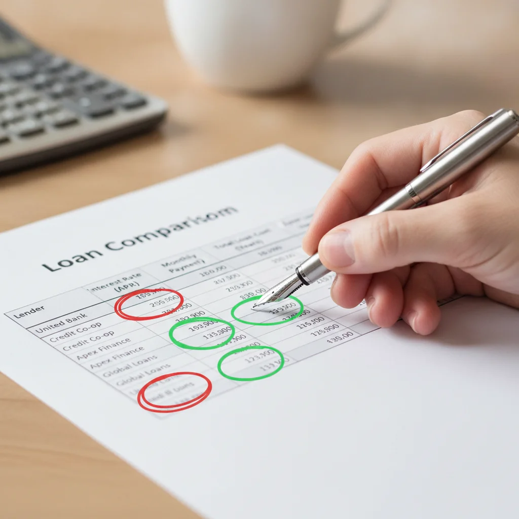 Hand reviewing and comparing multiple auto loan refinance offers on a printed worksheet with circled numbers