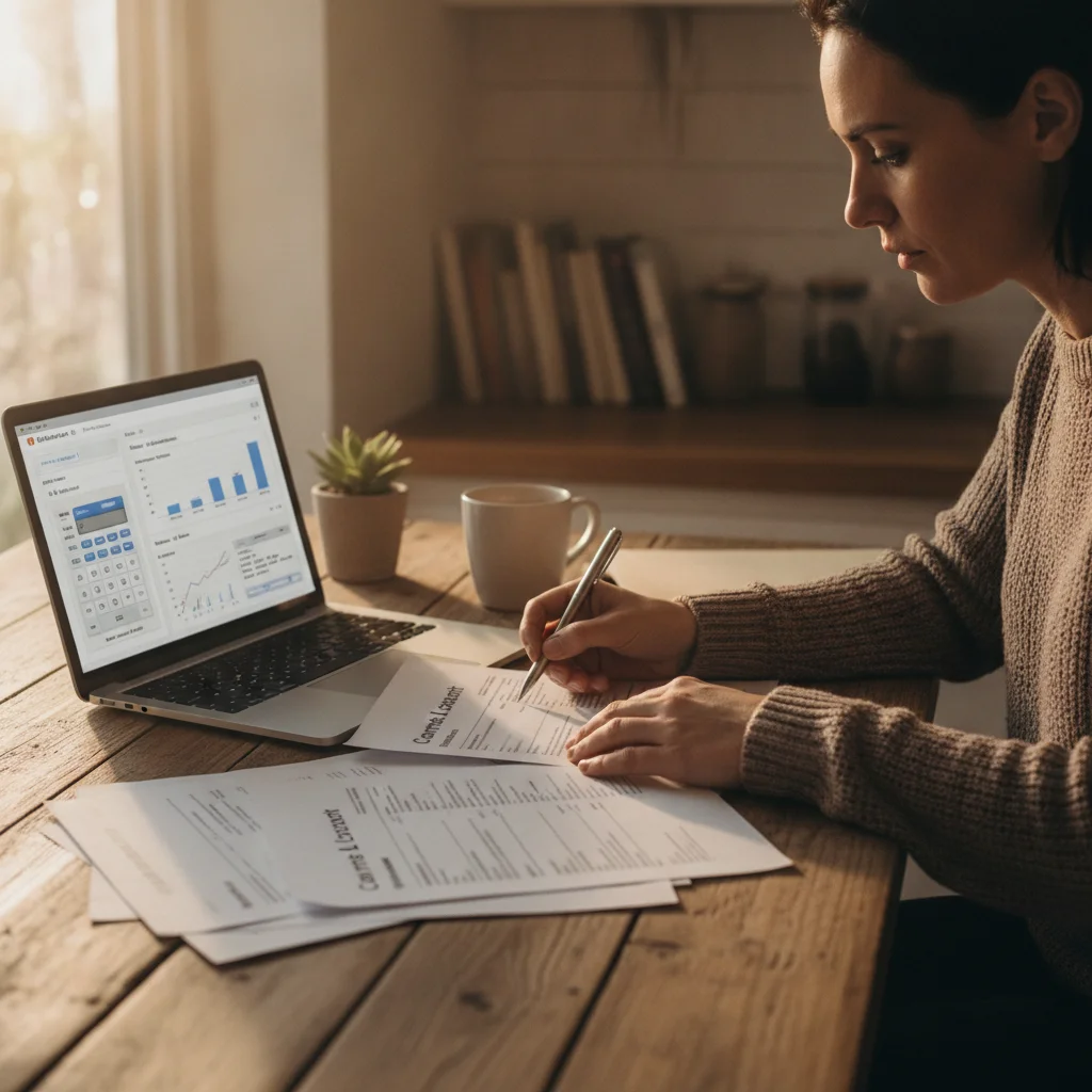Person reviewing auto loan documents with a laptop open to a financial calculator