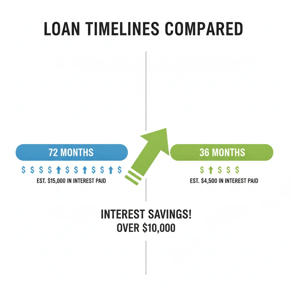 Side-by-side diagram comparing a 72-month and 36-month auto loan term with interest cost indicators