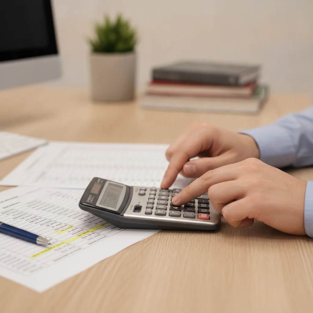 Hands typing into a calculator with a printed loan amortization schedule on a desk