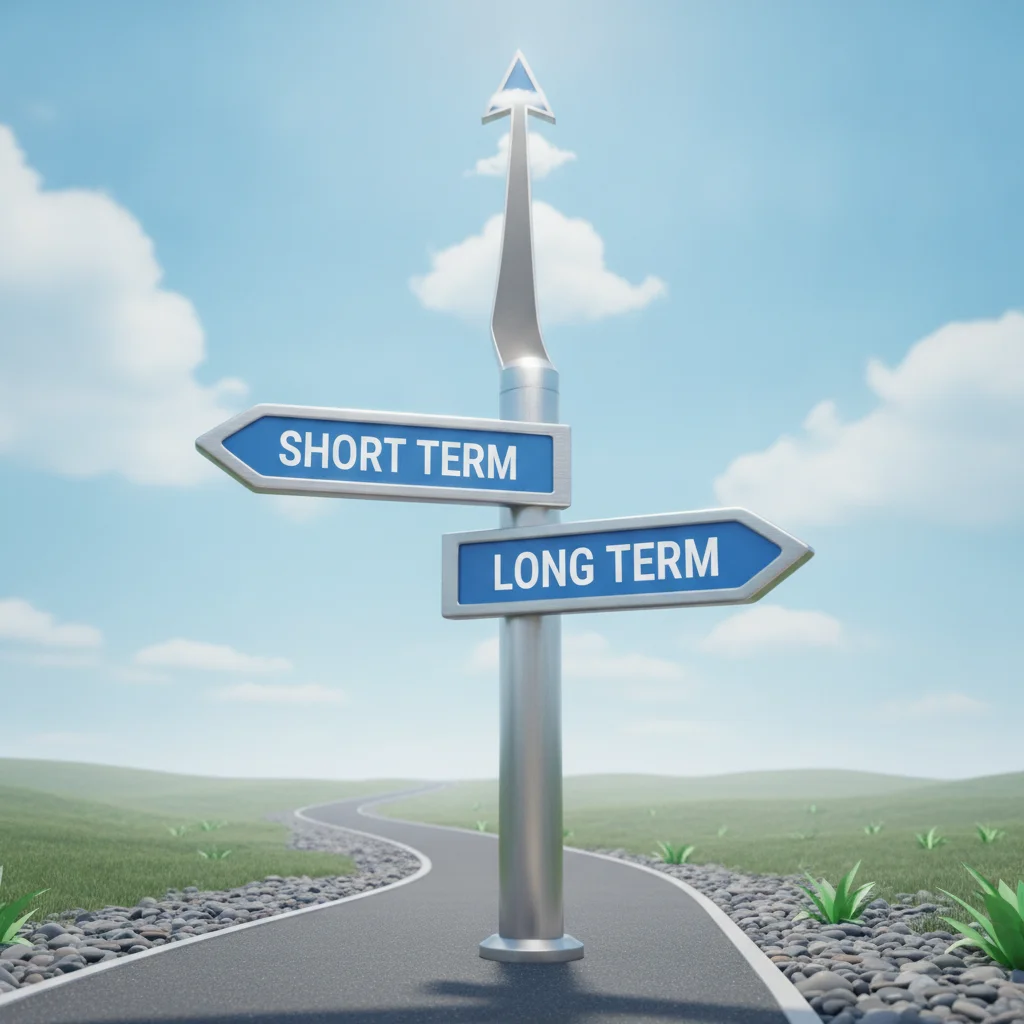 Fork in the road sign showing two directions labeled short term and long term loan options