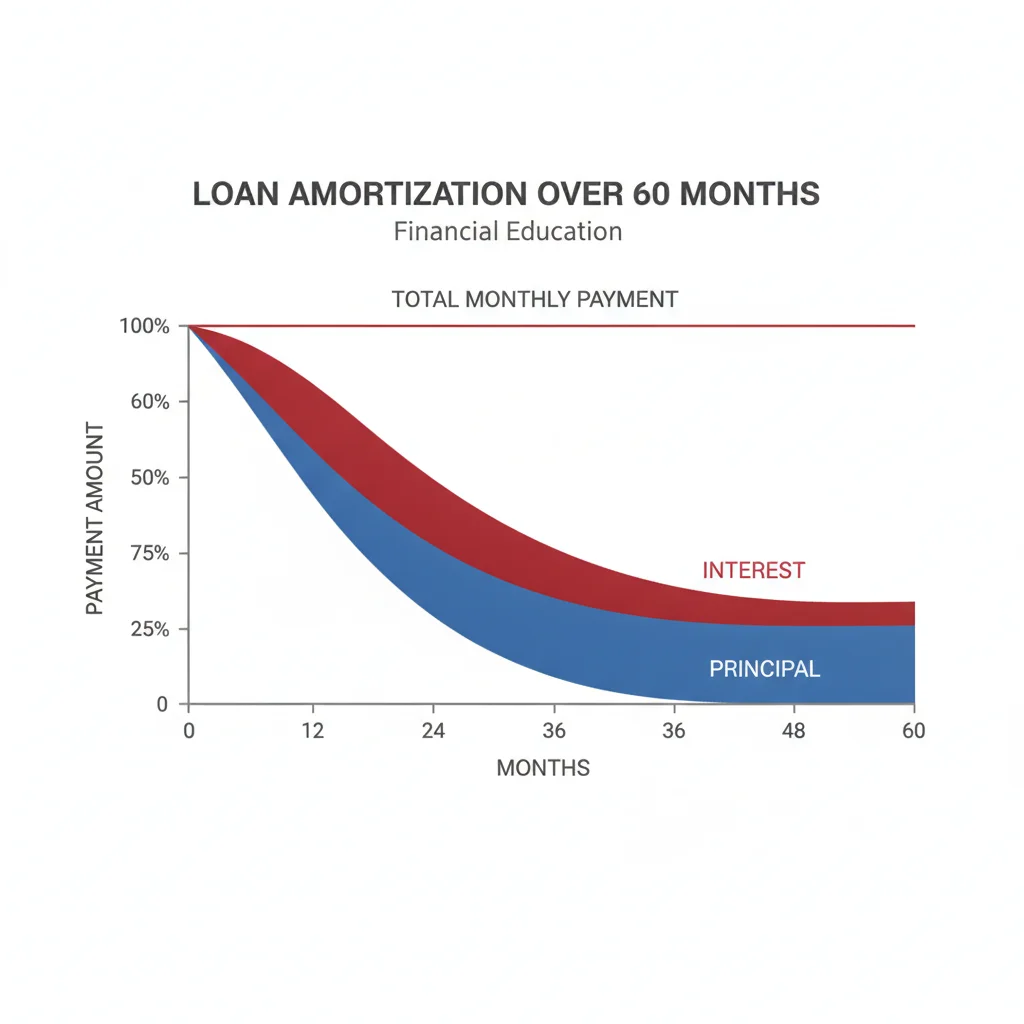 Amortization chart showing interest declining and principal rising over a 60-month auto loan