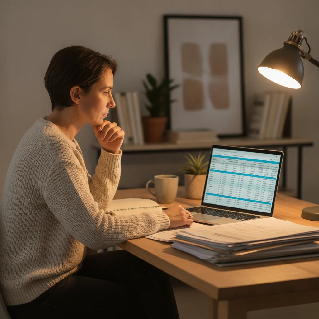 Person reviewing auto loan paperwork and refinancing calculations at a home office desk