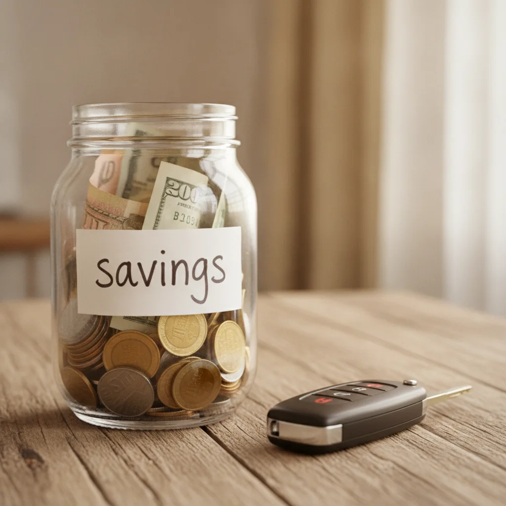 Glass savings jar filled with coins next to a car key representing down payment savings