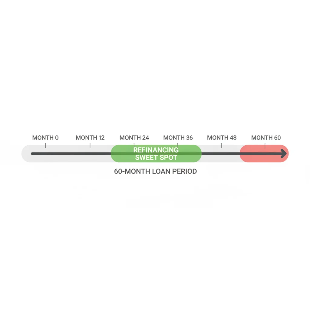 Loan timeline graphic showing the optimal refinancing window between months 12 and 36
