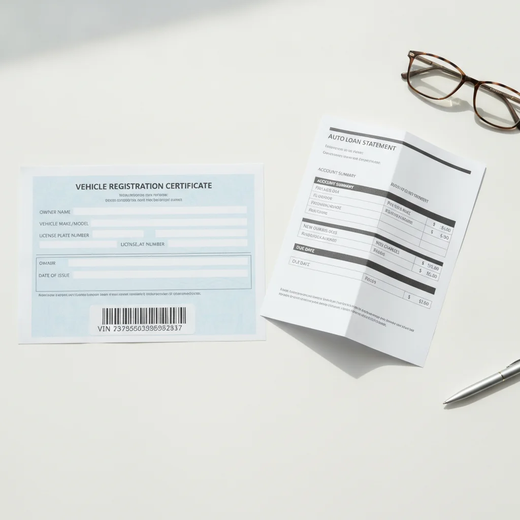 Vehicle registration, VIN label, and loan statement documents needed for an auto loan refinance application