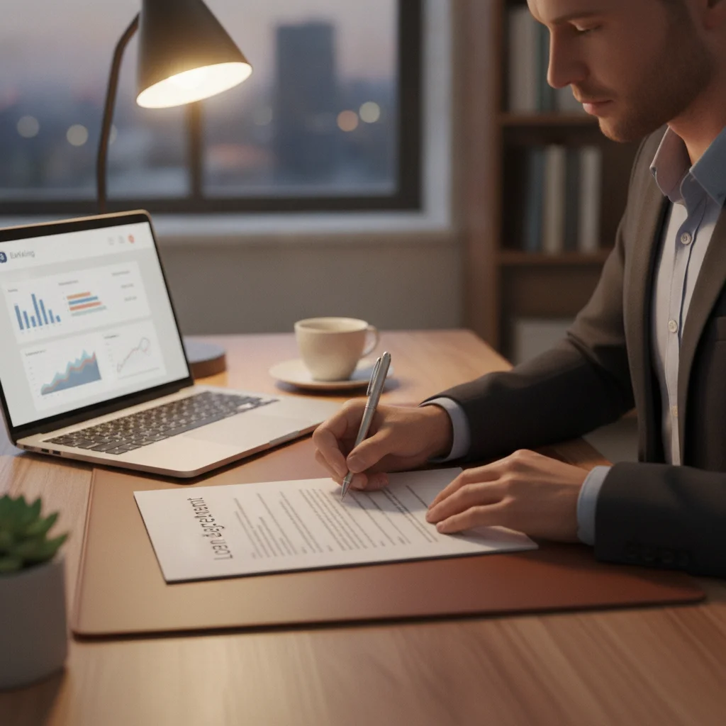 Person signing auto loan refinance closing documents at a desk with a laptop displaying a bank portal