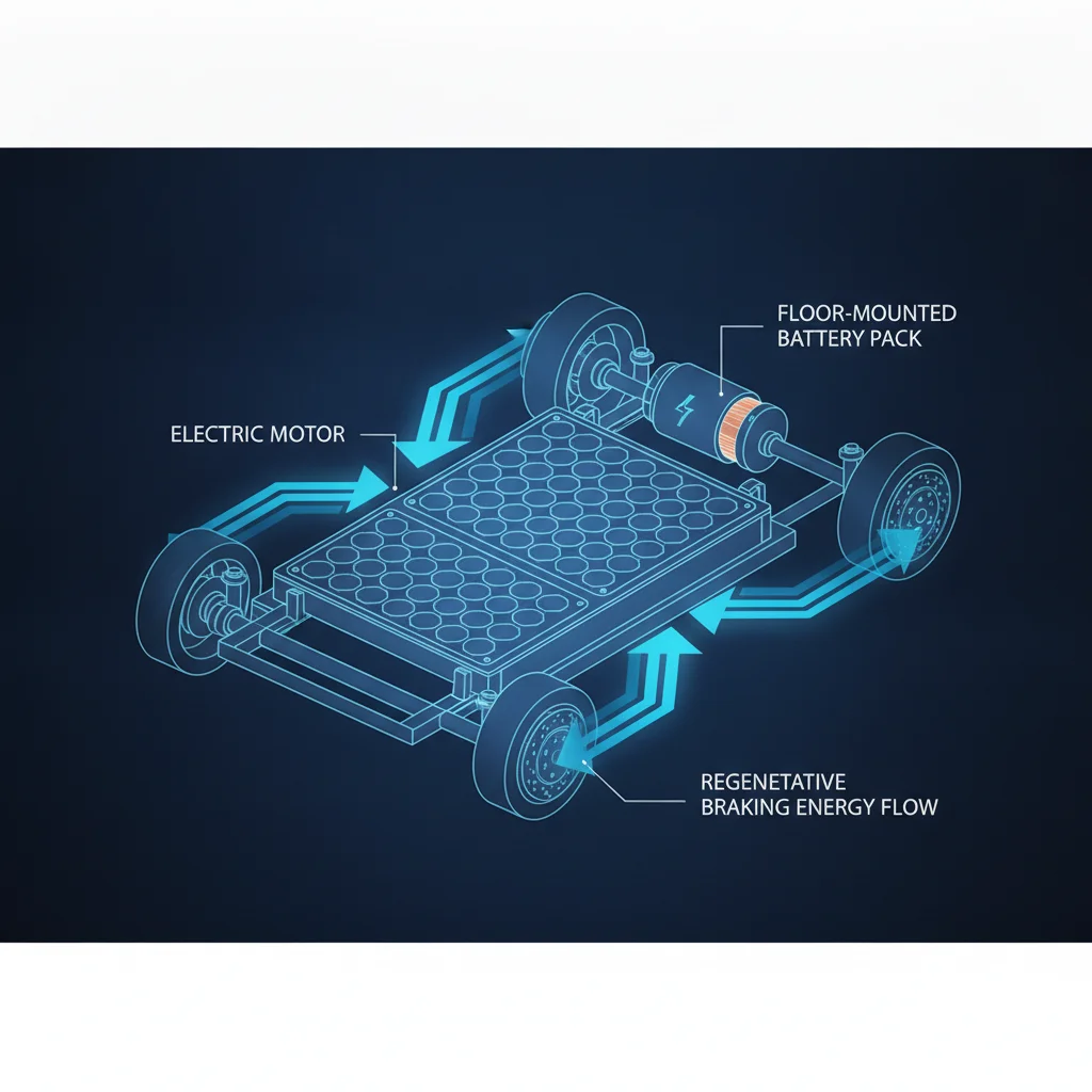 Cutaway view of BEV powertrain showing regenerative braking energy flowing from wheels back to battery pack