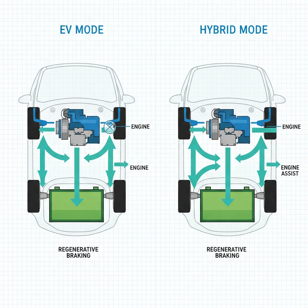 PHEV regenerative braking diagram showing energy flow differences between EV mode and hybrid mode operation