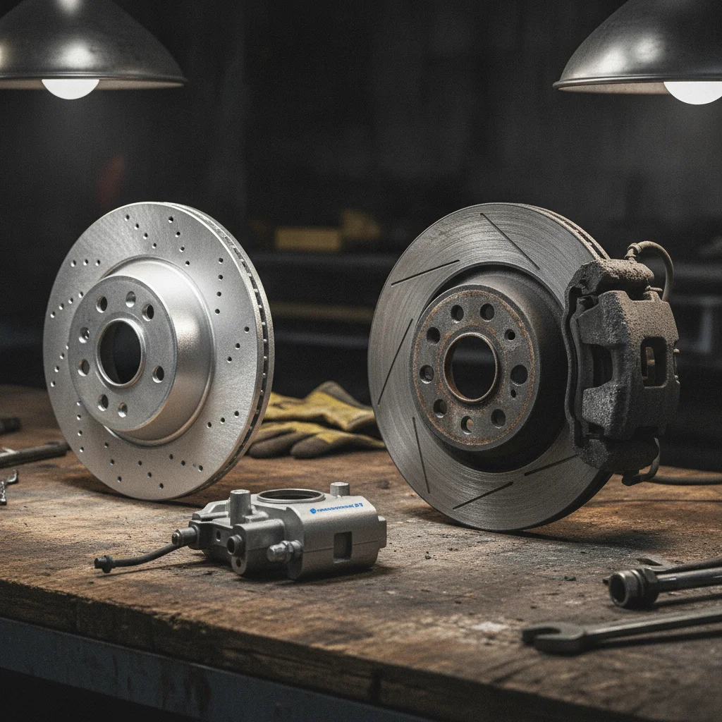Side-by-side comparison of a lightly used EV brake rotor and a heavily worn conventional gas car brake rotor