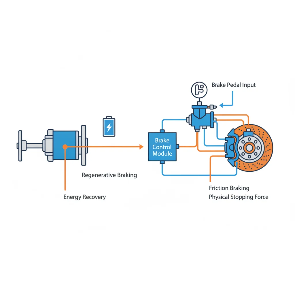 Diagram showing the dual braking system in an electric vehicle with regenerative and friction brake paths