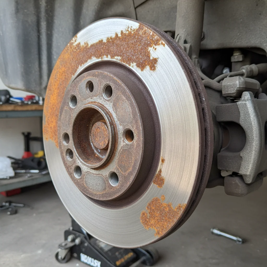 Brake rotor showing surface rust from infrequent friction brake use in an electric vehicle