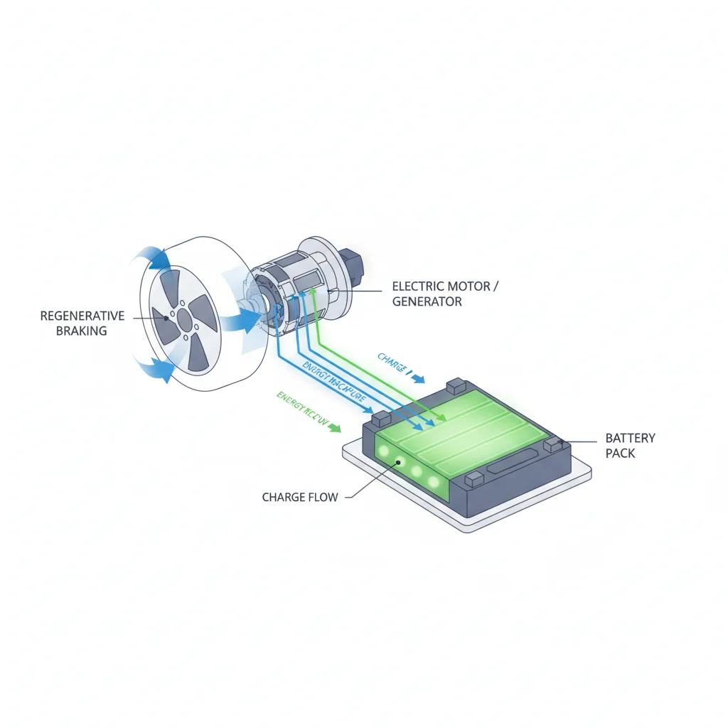 Diagram showing kinetic energy flowing from EV wheel through motor back to battery during regenerative braking