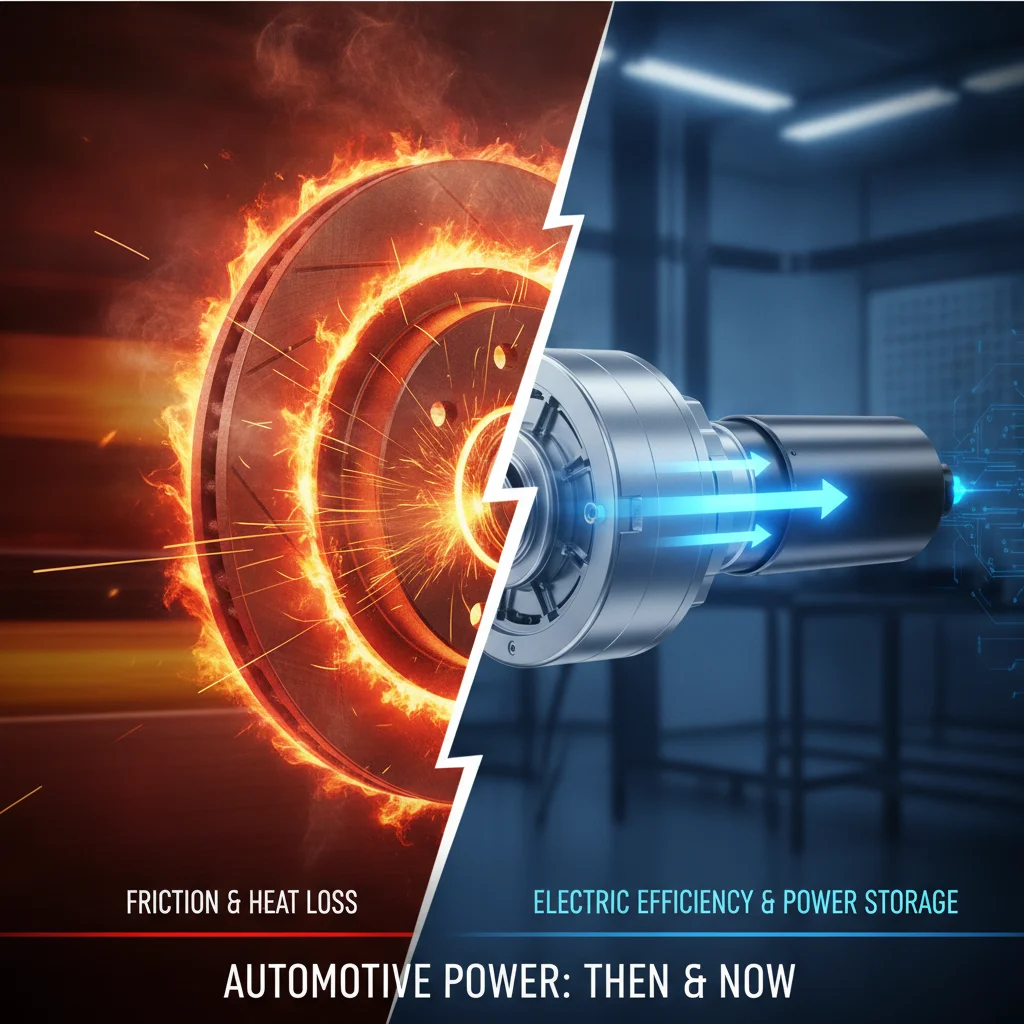Side-by-side comparison of conventional friction braking heat loss versus regenerative braking energy recovery