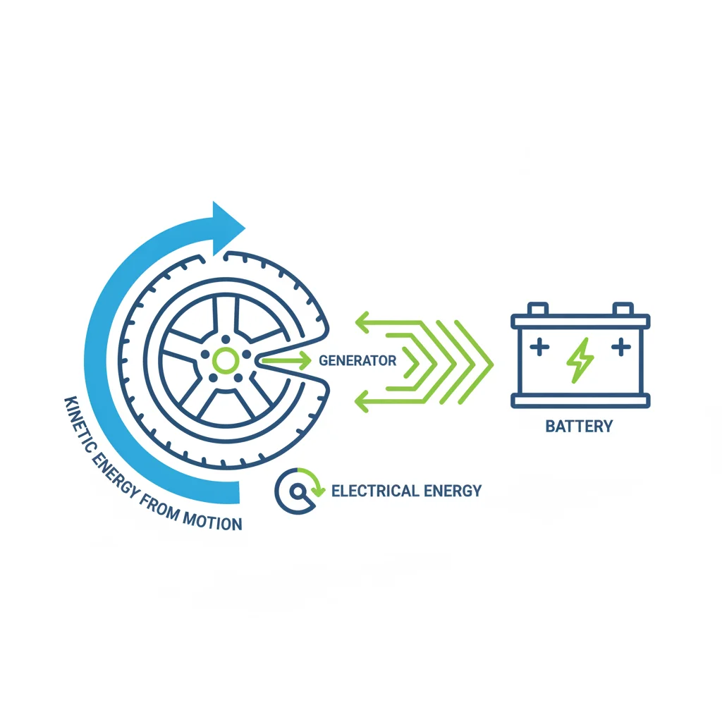 Diagram illustrating kinetic energy from a spinning wheel being converted into electrical energy stored in a battery