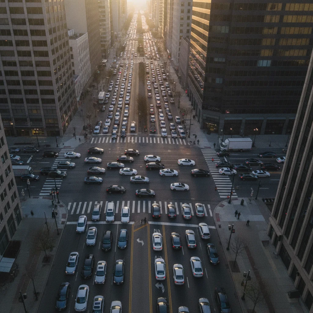 Aerial view of cars stopped at a busy city intersection surrounded by urban buildings in morning light