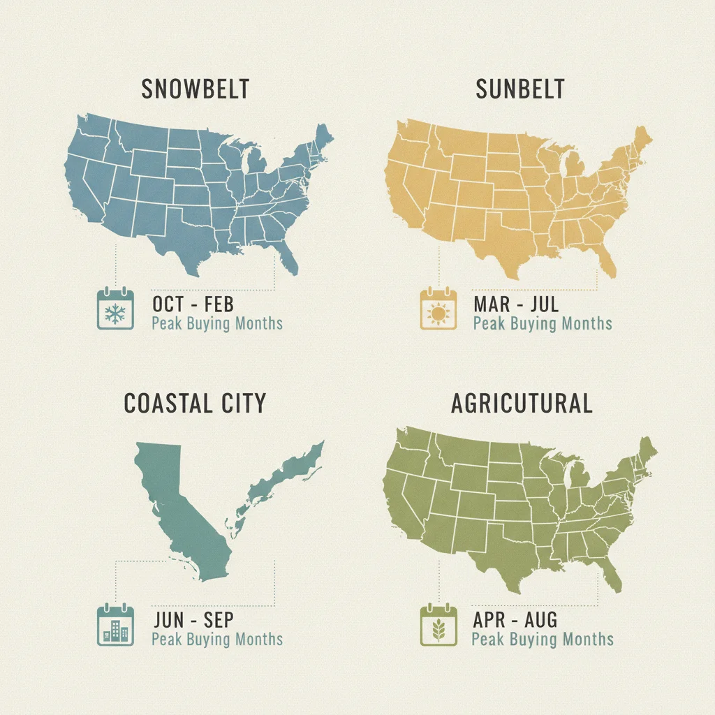 Infographic map of four US car-buying regional archetypes with their optimal buying month windows highlighted
